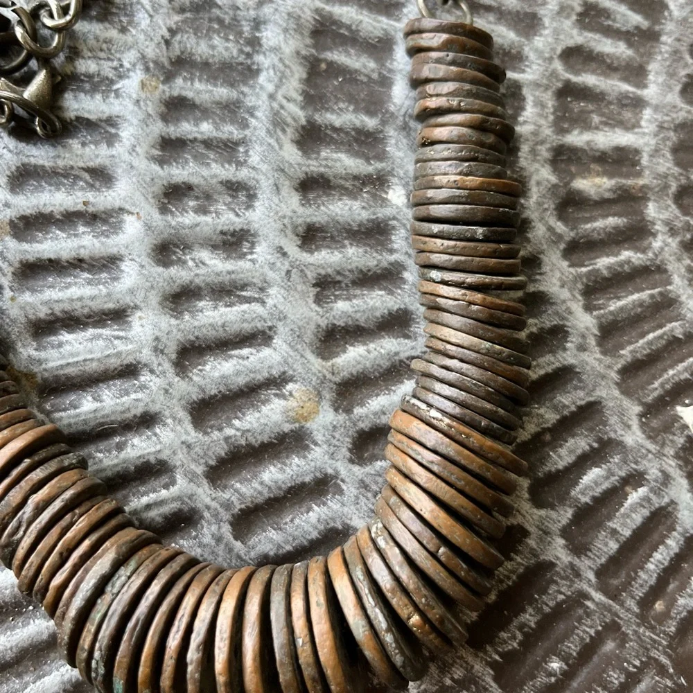 SOLD Pam Hiran BronzeCopper Disc Necklace on Steel Chain 16-20” Vintage - Picture 6 of 7